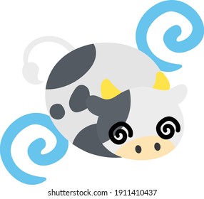 Illustration of a round cow like a stuffed animal turning eyes