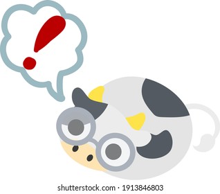 Illustration of a round cow like a stuffed animal thinking with glasses
