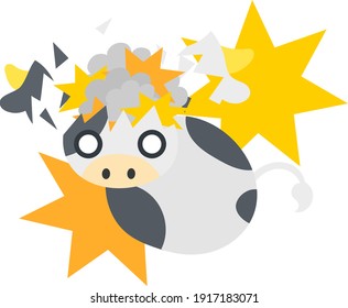 Illustration of a round cow like a stuffed animal with an exploding head