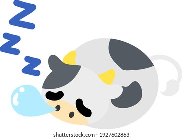 Illustration of a round cow like a stuffed animal that is sleeping