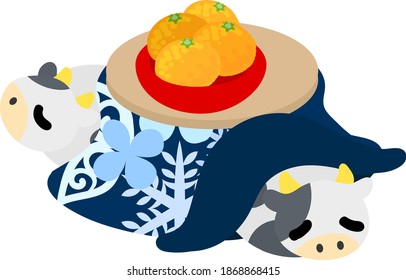 Illustration of round cows like stuffed animals relaxing with a kotatsu