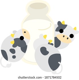 Illustration von runden Kühen wie gefüllten Tieren und einer Flasche Milch