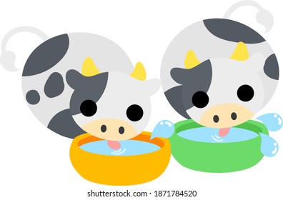 Illustration of round cows like stuffed animals drinking water