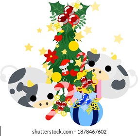 Illustration of round cows like stuffed animals spending Christmas