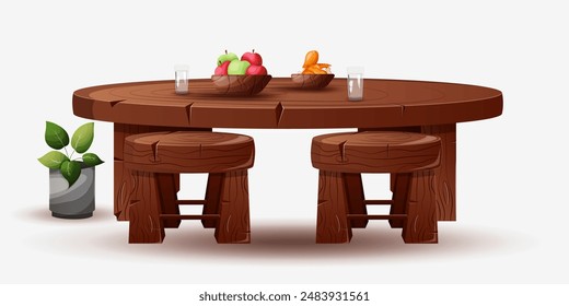 ilustración de una mesa de comedor redonda y sillas de madera maciza con deliciosa comida