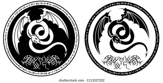 Illustration round emblem with a dragon-like creature and magic symbols in two variations 
