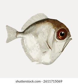 Illustration of a round fish with large eyes and a prominent fin. The fish has a detailed texture and a neutral background, highlighting its unique features. Vintage fish illustration, animal vector.