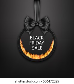 Illustration Round Frame with Black Bow, Fire Flame for Black Friday. Hot Sales - Vector