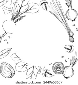 Illustration. Round frame with bleed. Vegetables, beets, onions, green onions, garlic, peppercorns, vegetable slices. All objects are drawn in vector in black. For printing on paper, menus, recipes.