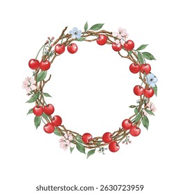 illustration round frame of cherry fruit, branches, leaves and flowers on isolated white