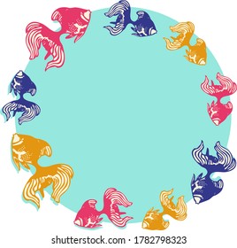 Ilustración de marco redondo con peces de colores alineados