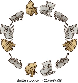 Illustration of a round frame made of kittens in different colors. Cute fluffy kittens, animal pets. Ready to use eps10 for your design