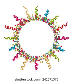 Illustration round frame made of multicolored paper serpentine and confetti - vector