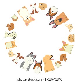 Illustration of a round frame in which various types of dogs with their front paws are looking into