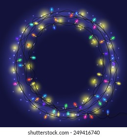 Illustration of round garland with colorful lights on blue background 