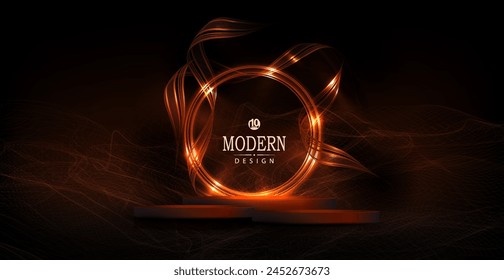 Illustration with a round gold frame with ribbons and a podium on a black background.