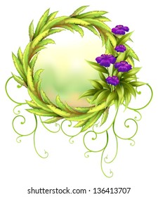 Illustration of a round green border with violet flowers on a white background
