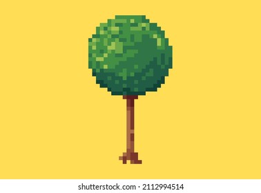 Illustration of a round green tree in pixel art style