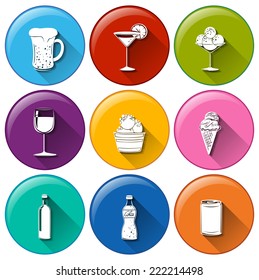 Illustration of the round icons with the different refreshing drinks on a white background 
