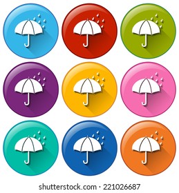 Illustration of the round icons with a rainy weather on a white background 