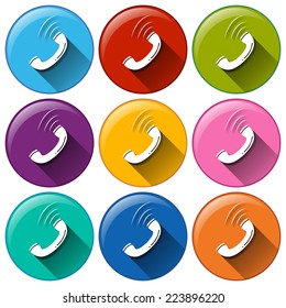 Illustration of the round icons showing a telephone receiver on a white background 