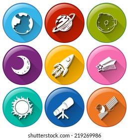 Illustration of the round icons with things in the outerspace on a white background  