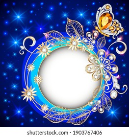 Illustration round, jewelry background banner decorated with gold products, flowers and ornaments in ethnic style with precious stones on a dark glowing background.