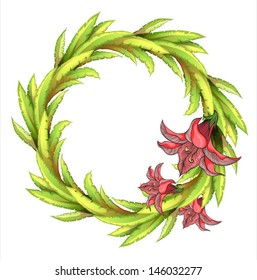 Illustration of a round leafy border with big flowers on a white background 