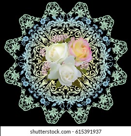 ilustración con decoración de luz redonda y tres rosas en el centro