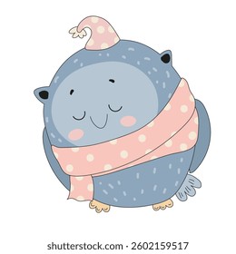 Illustration of a round owl wearing a polka dot scarf and hat, sitting on a white background.