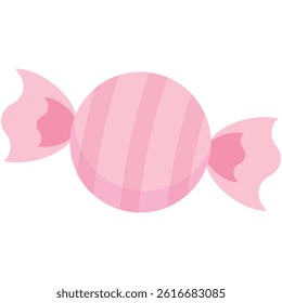 Illustration of a round pink candy with light pink stripes, wrapped in a wavy-designed wrapper.