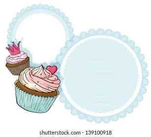 Illustration of a round stationery with two cupcakes on a white background 			