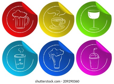 Illustration of round stickers of different beverages