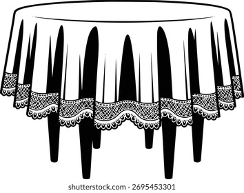 Ilustración de una mesa redonda con un mantel festoneado y copas de vino, diseño minimalista en blanco y negro para eventos.