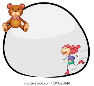Illustration of a round template with a young girl skating and a bear on a white background
