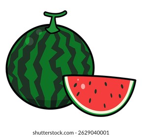 Illustration of round watermelon and cut watermelon.