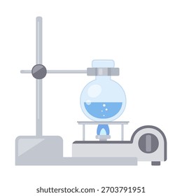 Illustration of a round-bottom flask being heated on a gas stove for science experiments