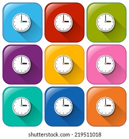 Ilustración de los iconos redondeados con relojes en un fondo blanco  