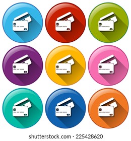 Illustration of the rounded icons with credit cards on a white background   