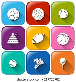 Illustration of the rounded icons with the different balls on a white background 