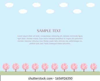 Ilustración de una hilera de cerezos y cielo.
Se puede utilizar como marco para anuncios y tarjetas.
Un diseño que permite colocar diseños y personajes en el cielo.