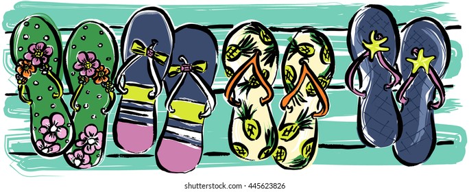 Illustration of a row of fashionable flip flops lined up on painted wood deck.