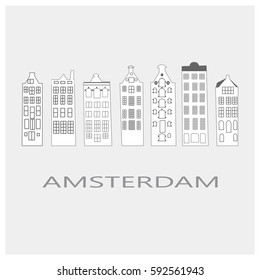An illustration of a row of typical dutch canal houses in Amsterdam, the Netherlands. Stylized facades of old buildings.