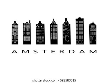 An illustration of a row of typical dutch canal houses in Amsterdam, the Netherlands. Stylized facades of old buildings.