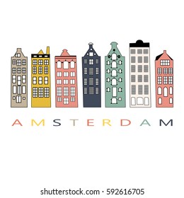 
An illustration of a row of typical dutch canal houses  in Amsterdam, the Netherlands. Stylized facades of old buildings in pastel colors