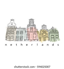 An illustration of a row of typical dutch canal houses in Alkmaar, the Netherlands. Stylized facades of old buildings. Sketch style with watercolor like brush strokes in pastel colors as a background.