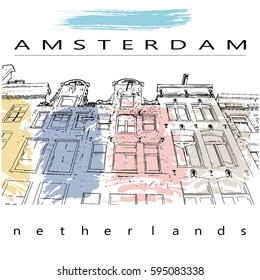 An illustration of a row of typical dutch canal houses in Amsterdam, the Netherlands. Stylized facades of old buildings. Sketch style with watercolor like brush strokes in pastel colors .