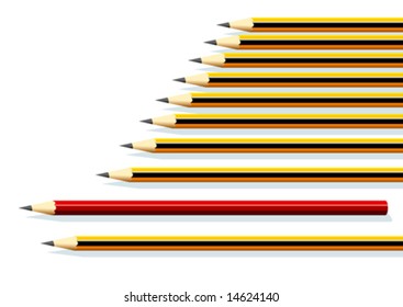 Illustration of a row of yellow pencils and a red one