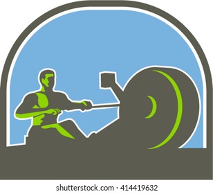 Illustration Of A Rower Exercising On A Rowing Machine Viewed From The Side Set Inside Half Circle Done In Retro Style. 