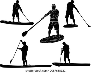 illustration with rowing men on paddle board isolated on white background